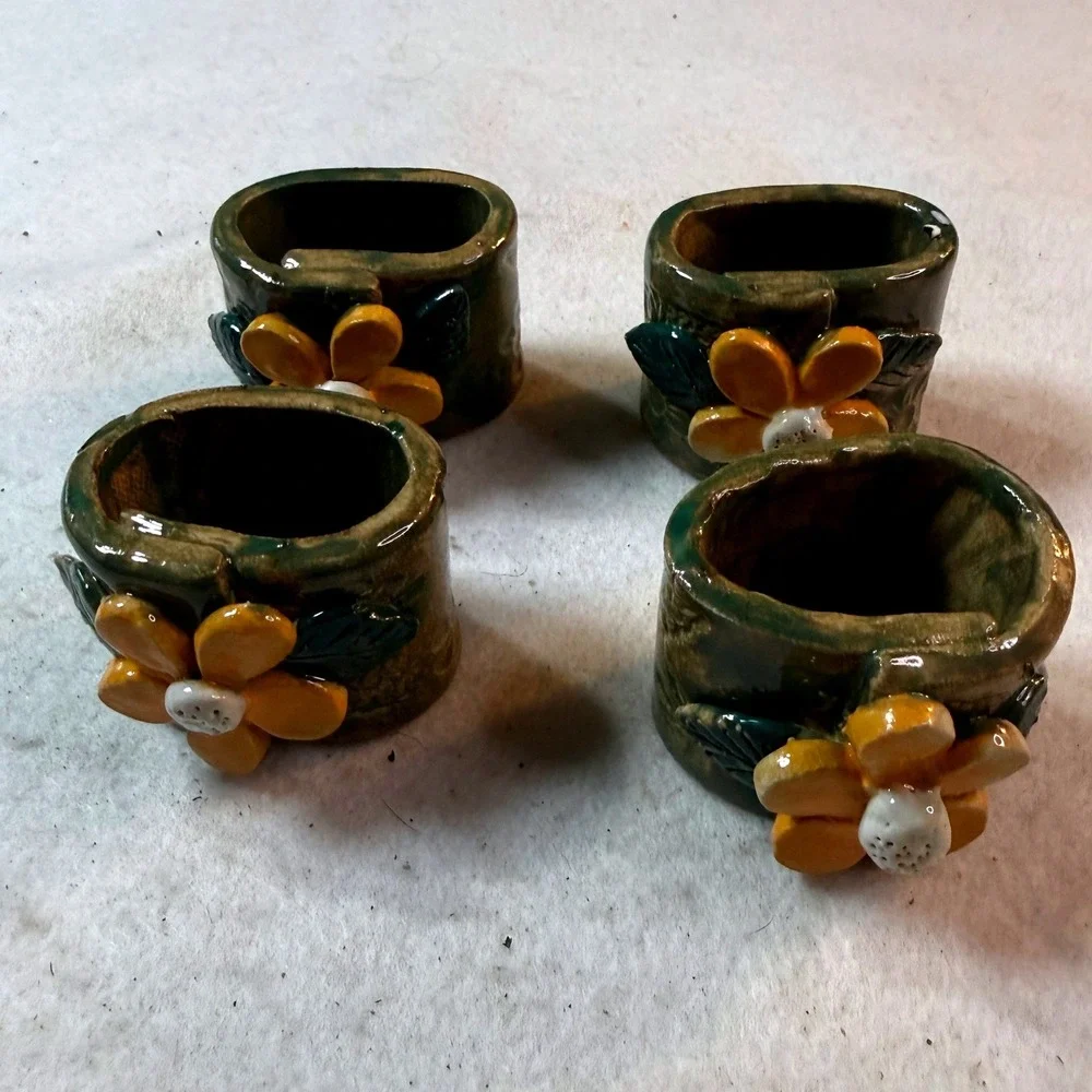 Vintage Handmade Napkin Rings Cottagecore Ceramic Floral Tablescape Set of 4